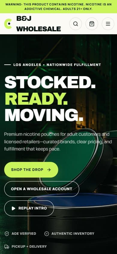 B and J Wholesale mobile homepage showing the responsive wholesale design