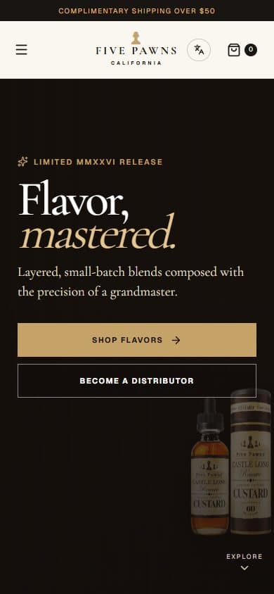 Five Pawns mobile homepage showing the responsive premium product design