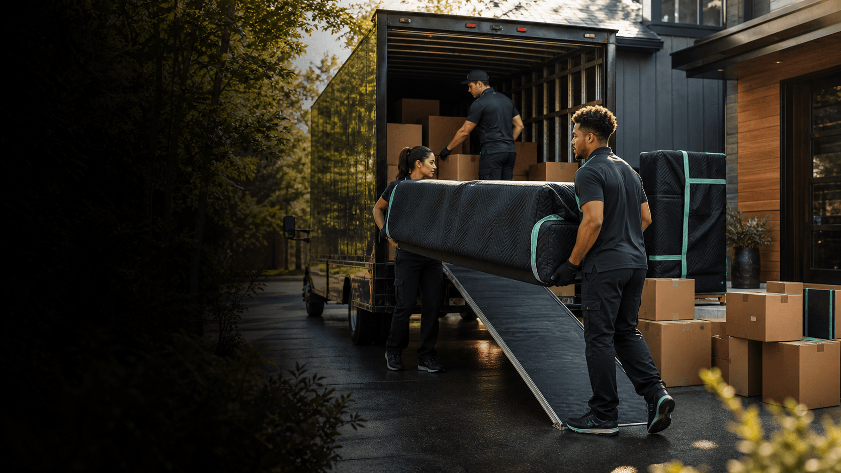 Moving crew carefully loading protected furniture