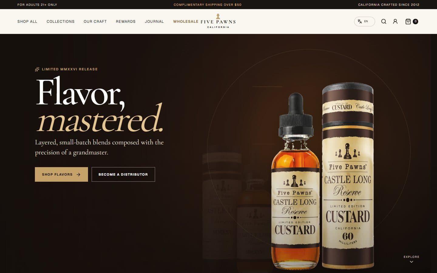 Five Pawns desktop homepage with Castle Long product imagery and luxury editorial typography