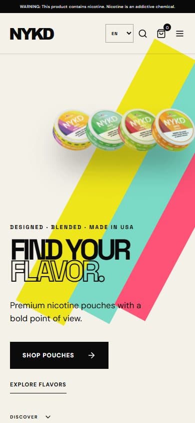 NYKD mobile homepage showing the responsive product presentation