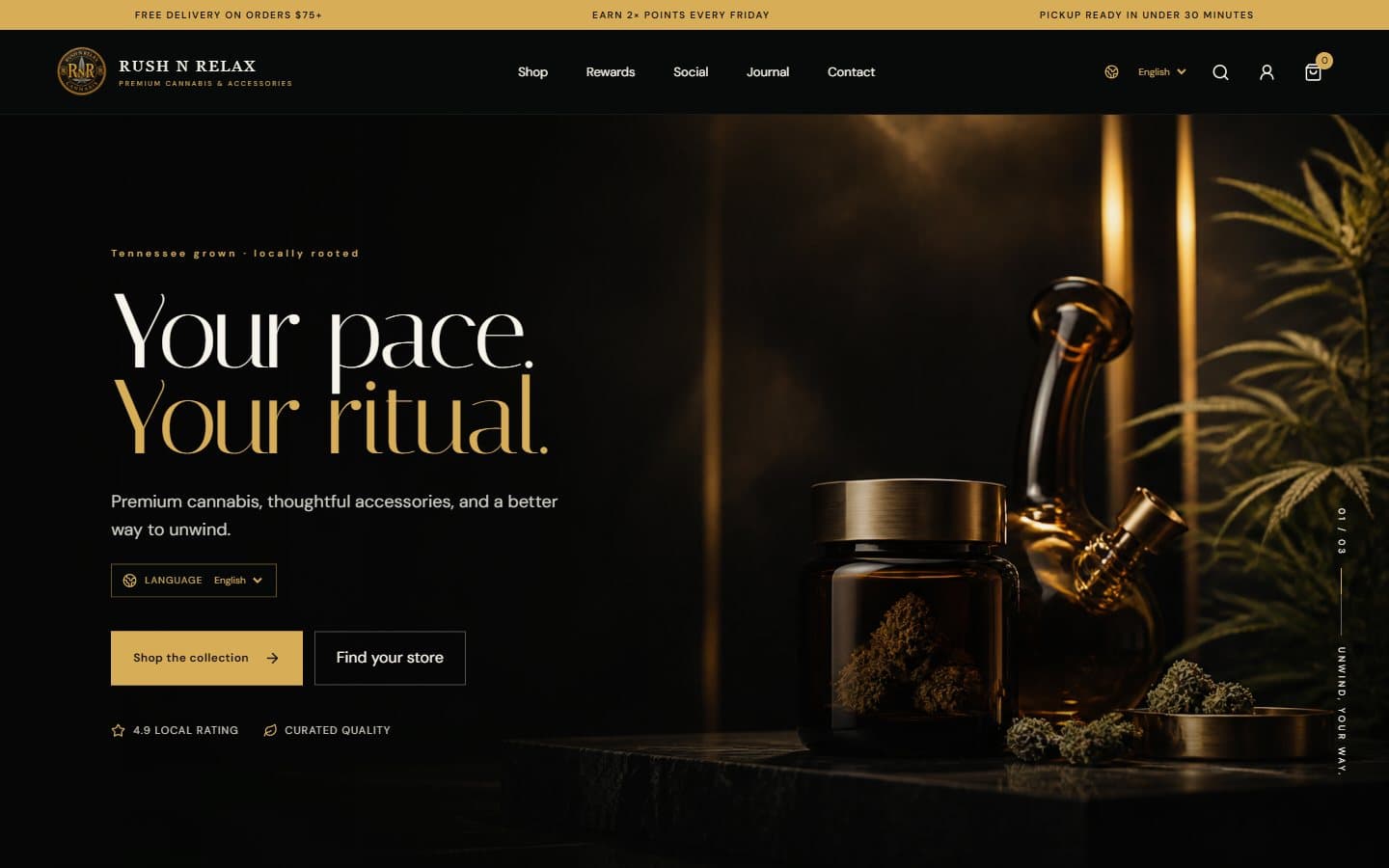 Rush N Relax desktop homepage with a dark premium retail hero and store navigation